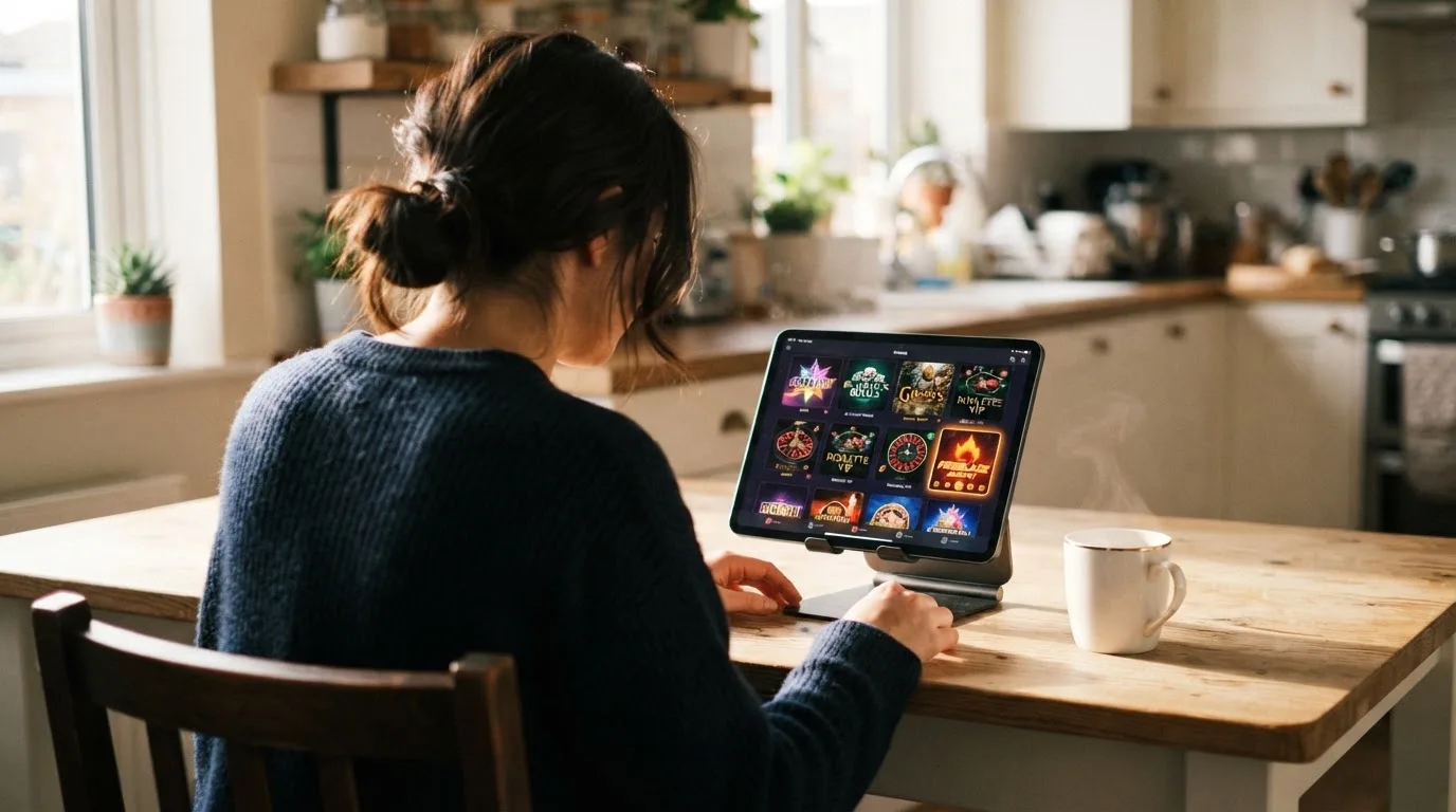 Een persoon bekijkt op een tablet een overzicht van casinospellen aan een keukentafel, met een kop koffie ernaast.