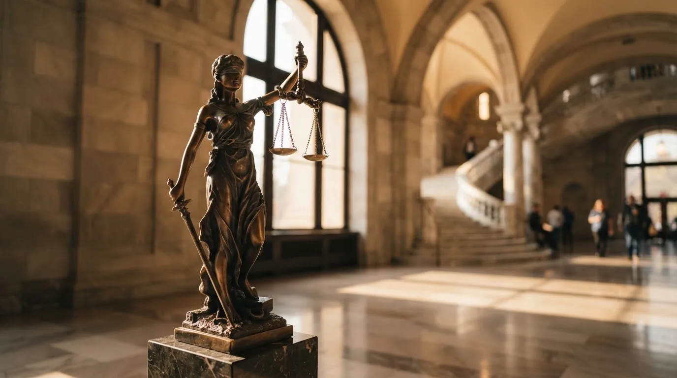 Een bronzen vrouwe Justitia met weegschaal staat voor een grote raampartij in een statig gerechtsgebouw, met zacht ochtendlicht.