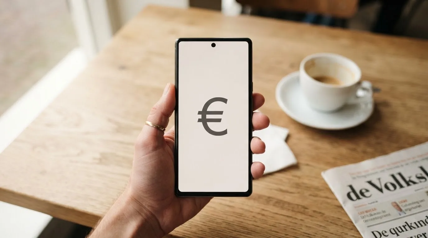 Een hand houdt een smartphone vast boven een houten tafel met een kopje koffie ernaast, in zacht daglicht.