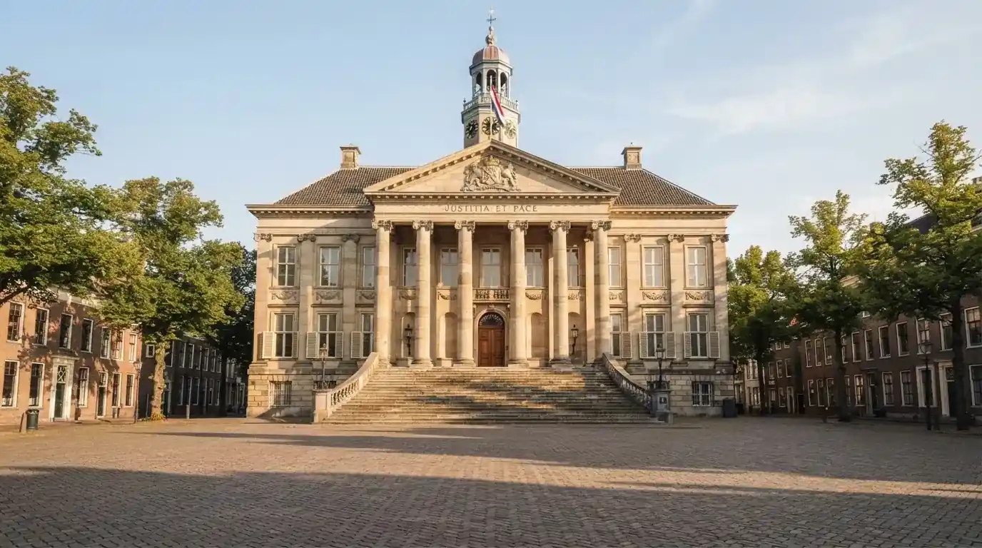 Een statig gerechtsgebouw met brede trappen en zuilen staat onder een heldere hemel in een Nederlandse stad.