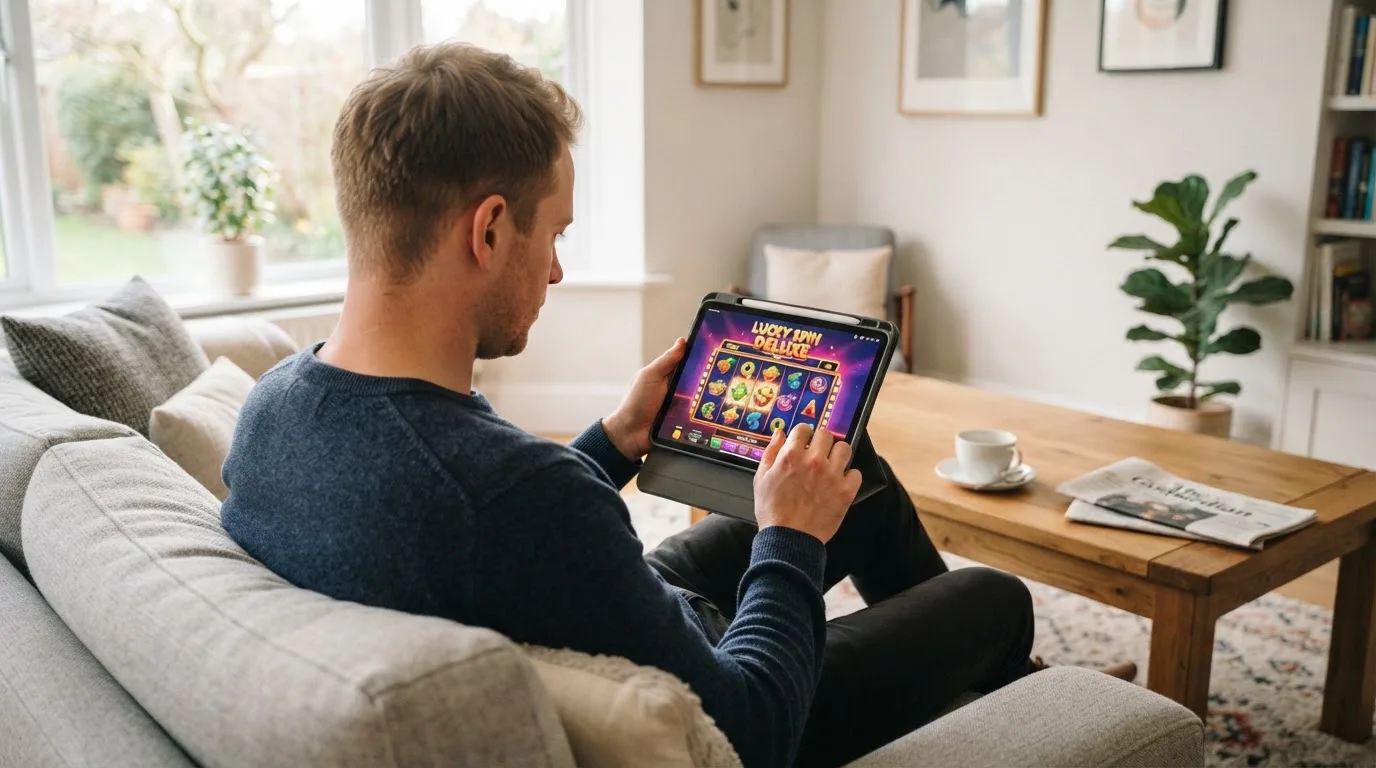 Een man bekijkt ontspannen een tablet op de bank in een lichte woonkamer met een kop koffie op de salontafel.
