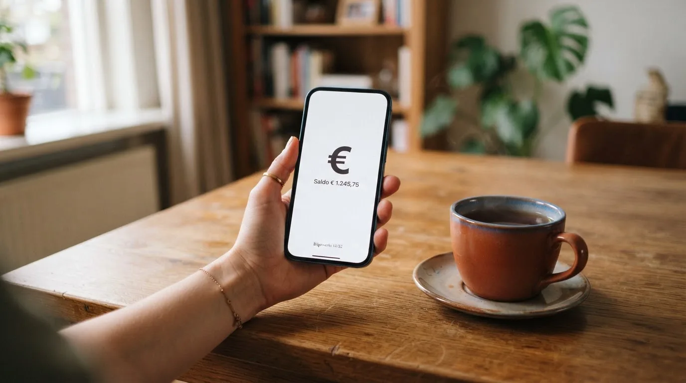 Een hand houdt een smartphone vast boven een houten tafel met een kopje thee ernaast, in zacht daglicht.