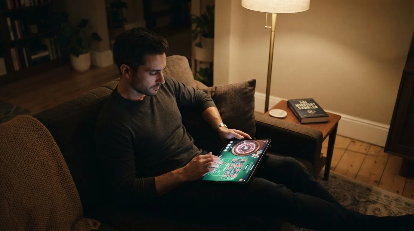 Een man bekijkt laat op de avond een tablet op de bank, verlicht door een staande lamp in een rustige woonkamer.