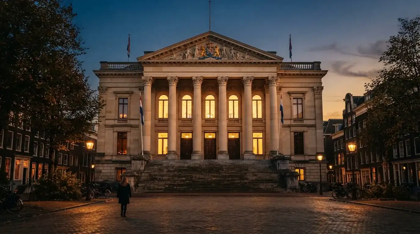 Een statig gerechtsgebouw met verlichte zuilen staat in de avondschemering in een Nederlandse stad.