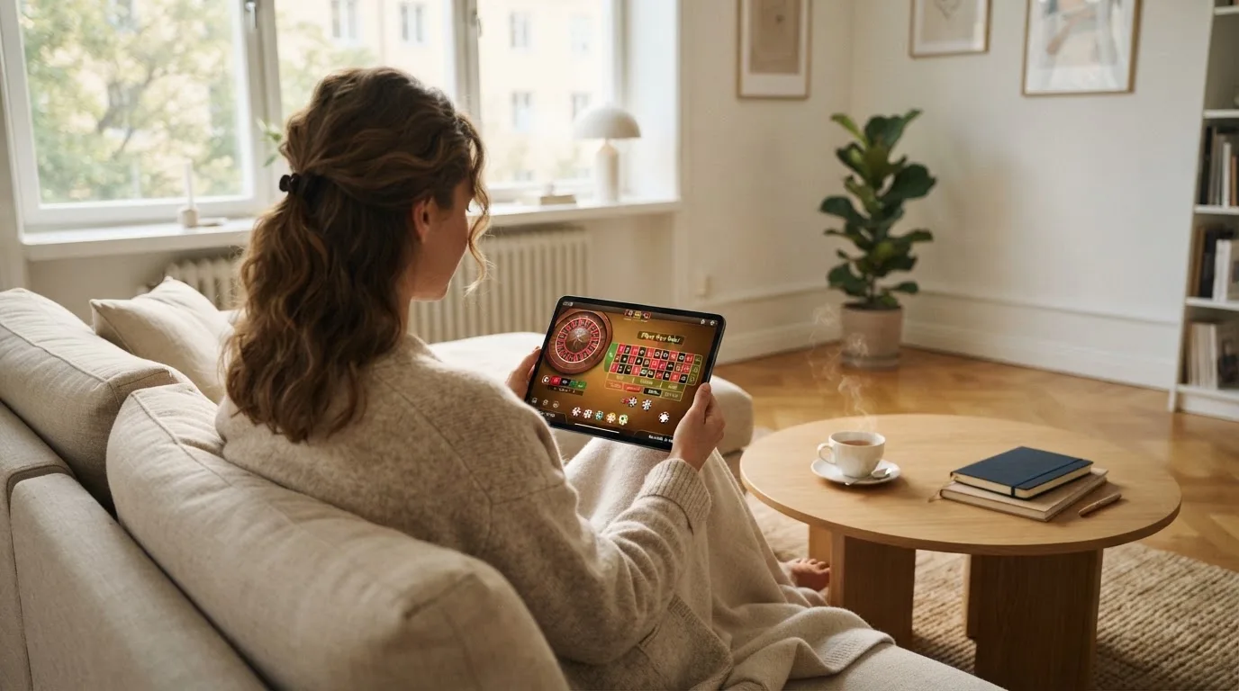Een vrouw bekijkt ontspannen een tablet op de bank in een lichte woonkamer met een kop thee op de salontafel.