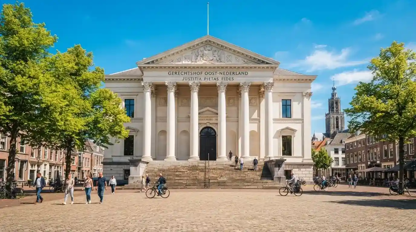 Een klassiek gerechtsgebouw met hoge zuilen staat onder een blauwe lucht in een Nederlandse binnenstad.
