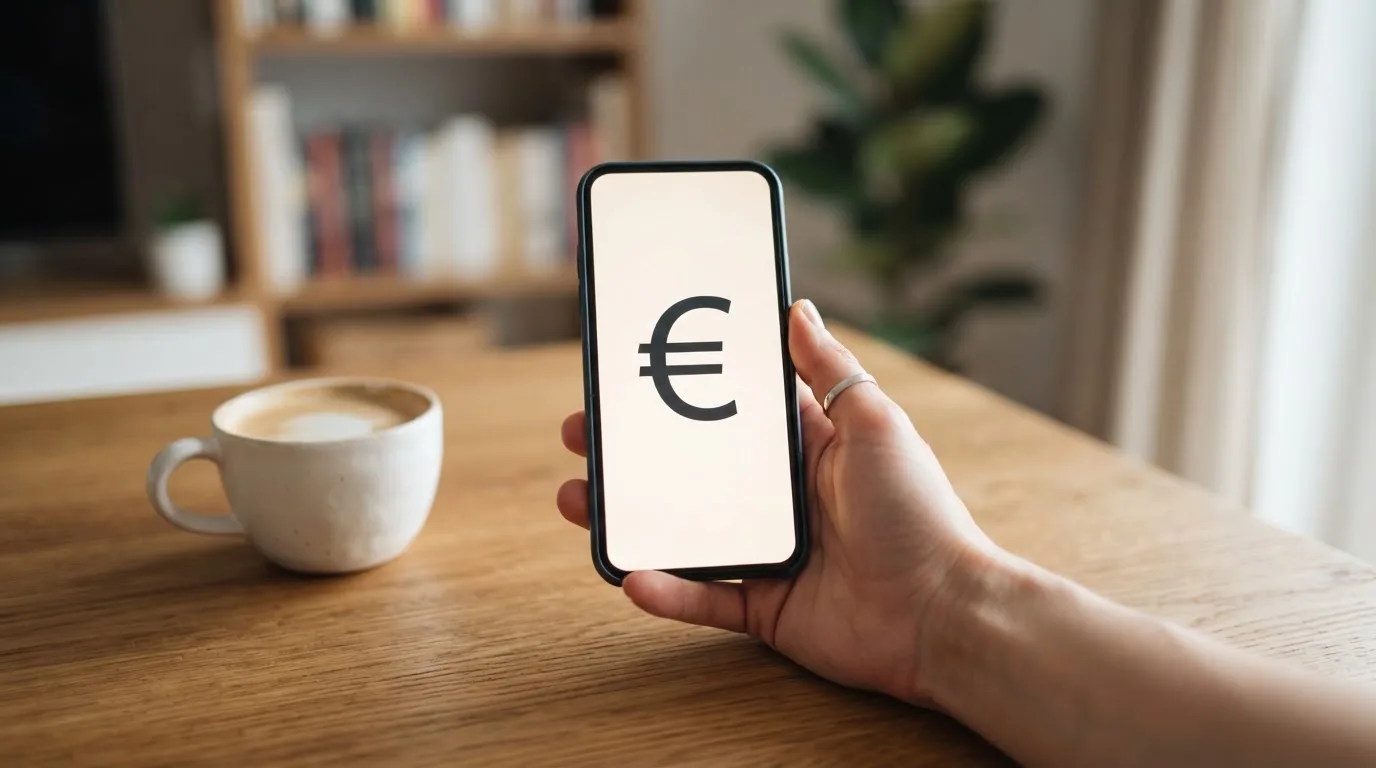 Een hand houdt een smartphone vast boven een houten tafel met een kopje koffie ernaast, in zacht daglicht.