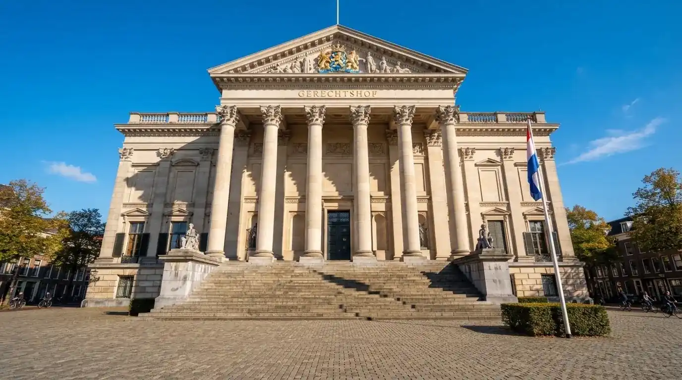 Een statig gerechtsgebouw met brede trappen en zuilen staat onder een heldere hemel in een Nederlandse stad.