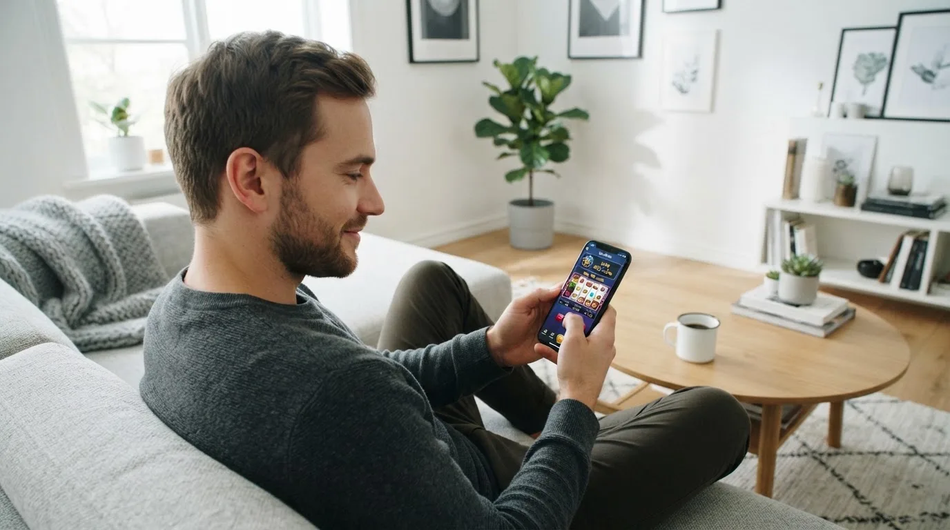 Een man bekijkt ontspannen zijn telefoon op de bank in een lichte woonkamer met een kop koffie op de salontafel.