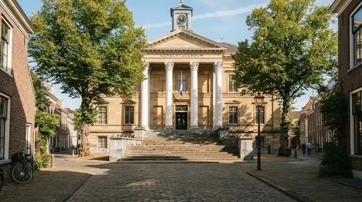 Een klassiek gerechtsgebouw met zuilen staat onder een blauwe lucht in een rustige Nederlandse stad.