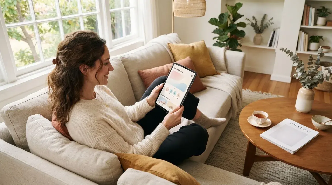 Een vrouw bekijkt ontspannen een tablet op de bank in een lichte woonkamer met een kop thee op de salontafel.