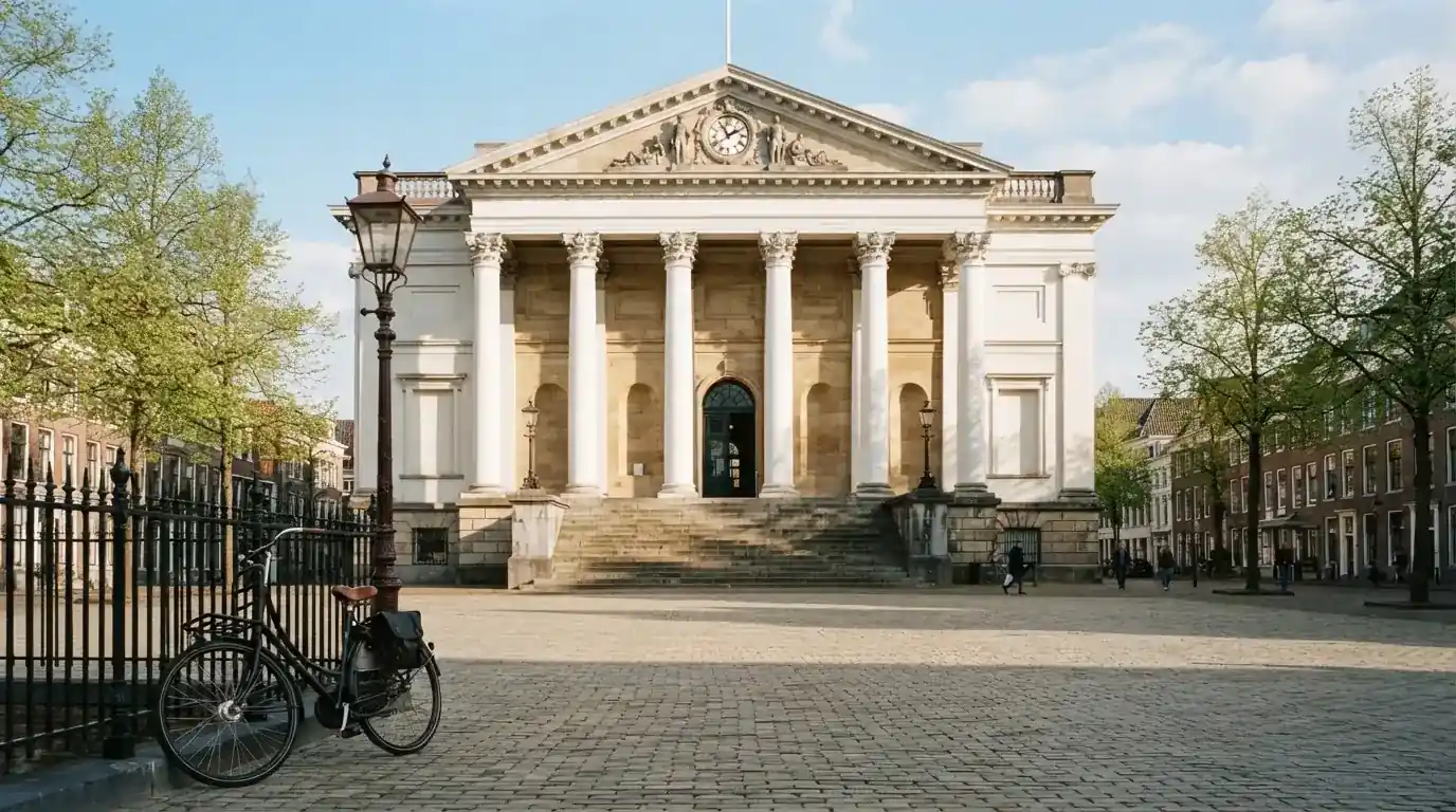 Een klassiek gerechtsgebouw met hoge zuilen staat onder een heldere hemel in een Nederlandse stad.
