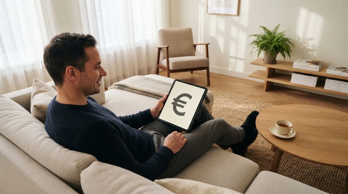 Een man bekijkt ontspannen een tablet op de bank in een lichte woonkamer met een kop thee op de salontafel.