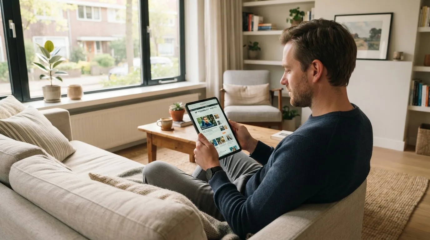 Een man bekijkt ontspannen een tablet op de bank in een lichte woonkamer met een kop koffie op de salontafel.