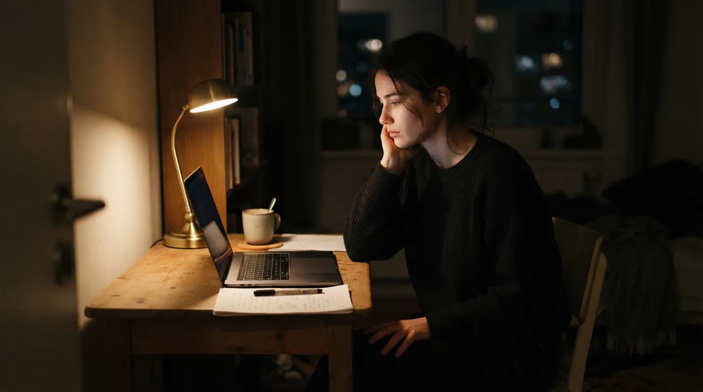 Een persoon zit alleen aan een bureau en kijkt peinzend naar een laptop met het scherm uit, in gedimd licht.