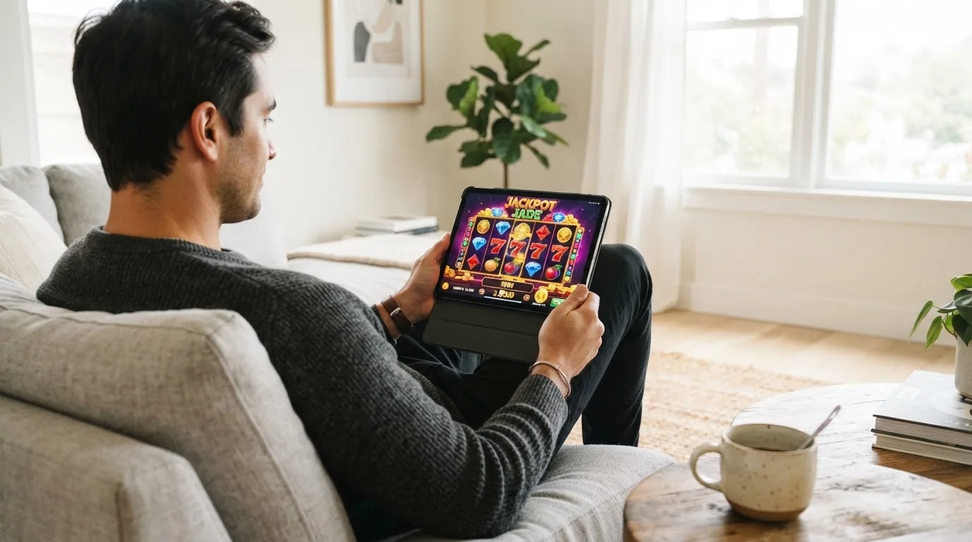 Een man bekijkt ontspannen een tablet op de bank in een lichte woonkamer met een kop koffie op de salontafel.