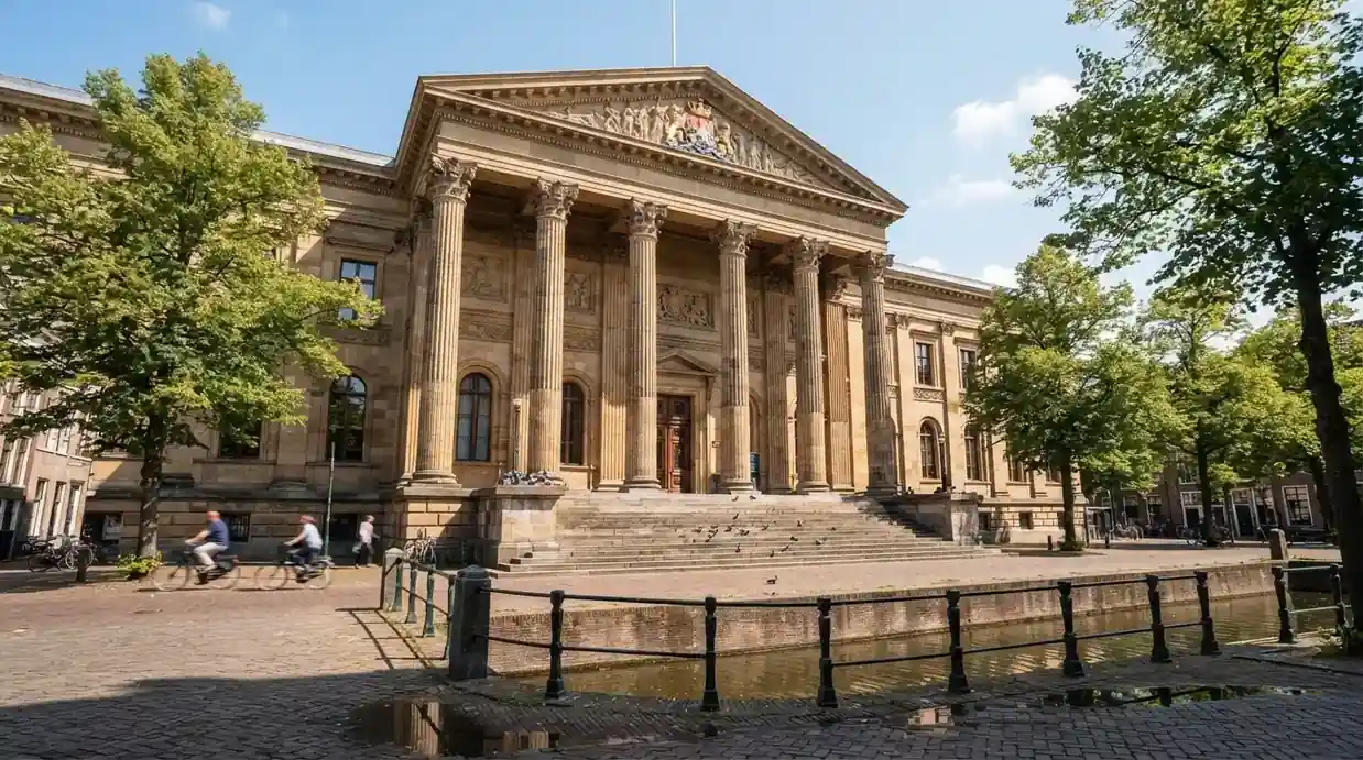 Een klassiek gerechtsgebouw met hoge zuilen staat onder een heldere hemel in een Nederlandse stad.
