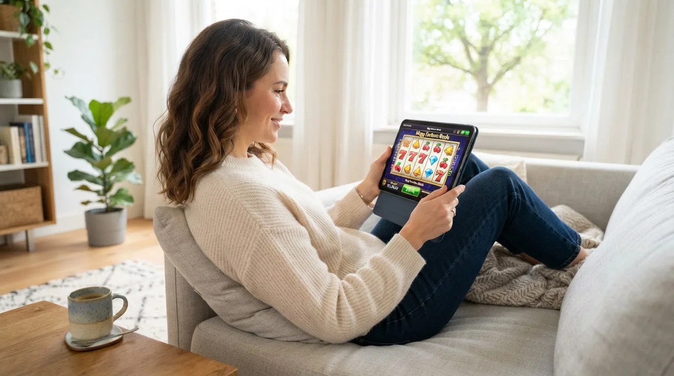 Een vrouw bekijkt ontspannen een tablet op de bank in een lichte woonkamer met een kop koffie op de salontafel.