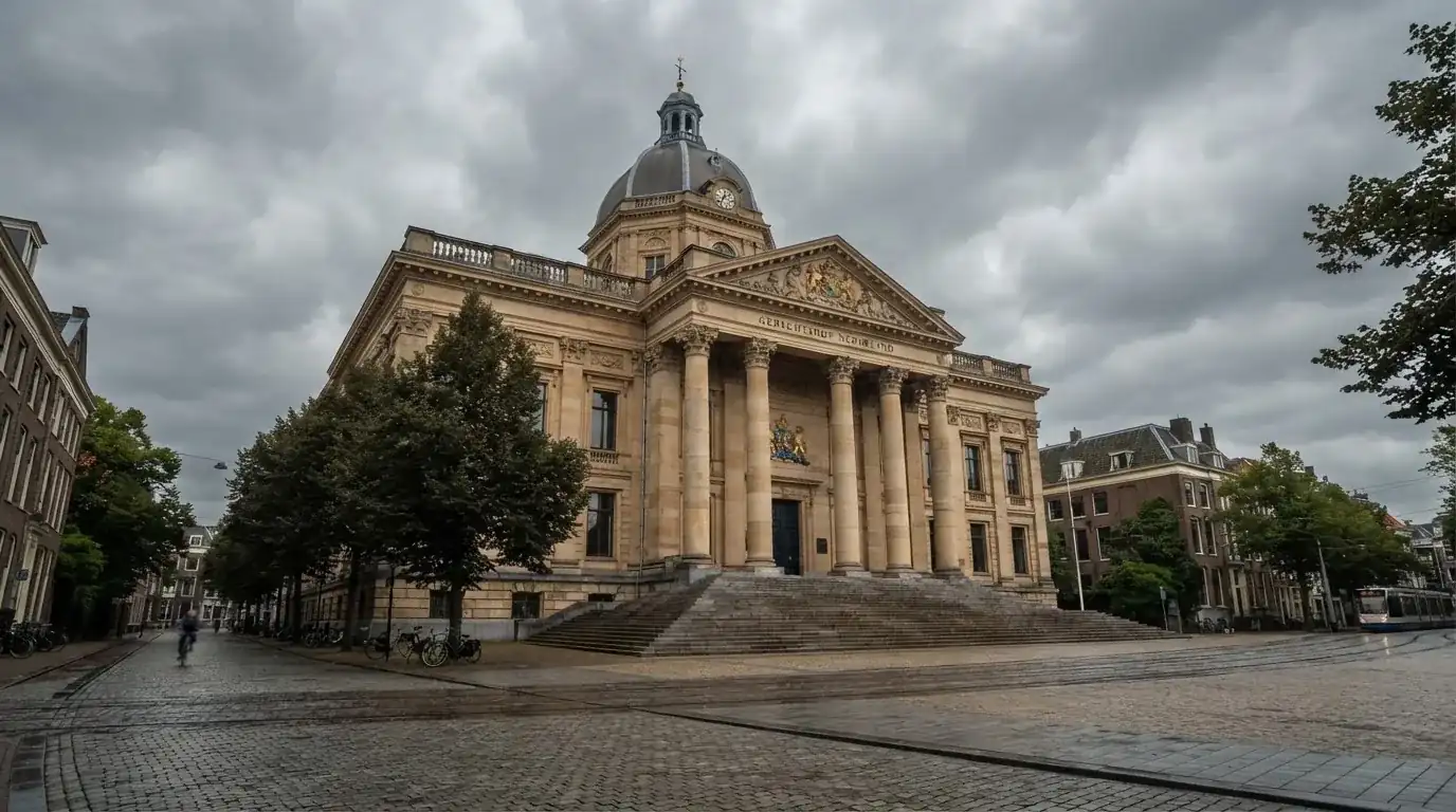 Een klassiek gerechtsgebouw met brede trappen staat onder een bewolkte hemel in een Nederlandse stad.