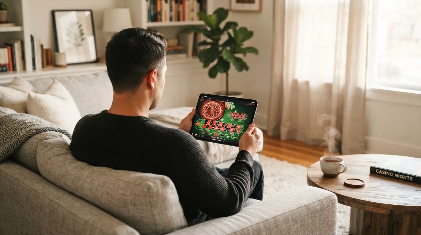 Een man bekijkt ontspannen een tablet op de bank in een lichte woonkamer met een kop thee op de salontafel.