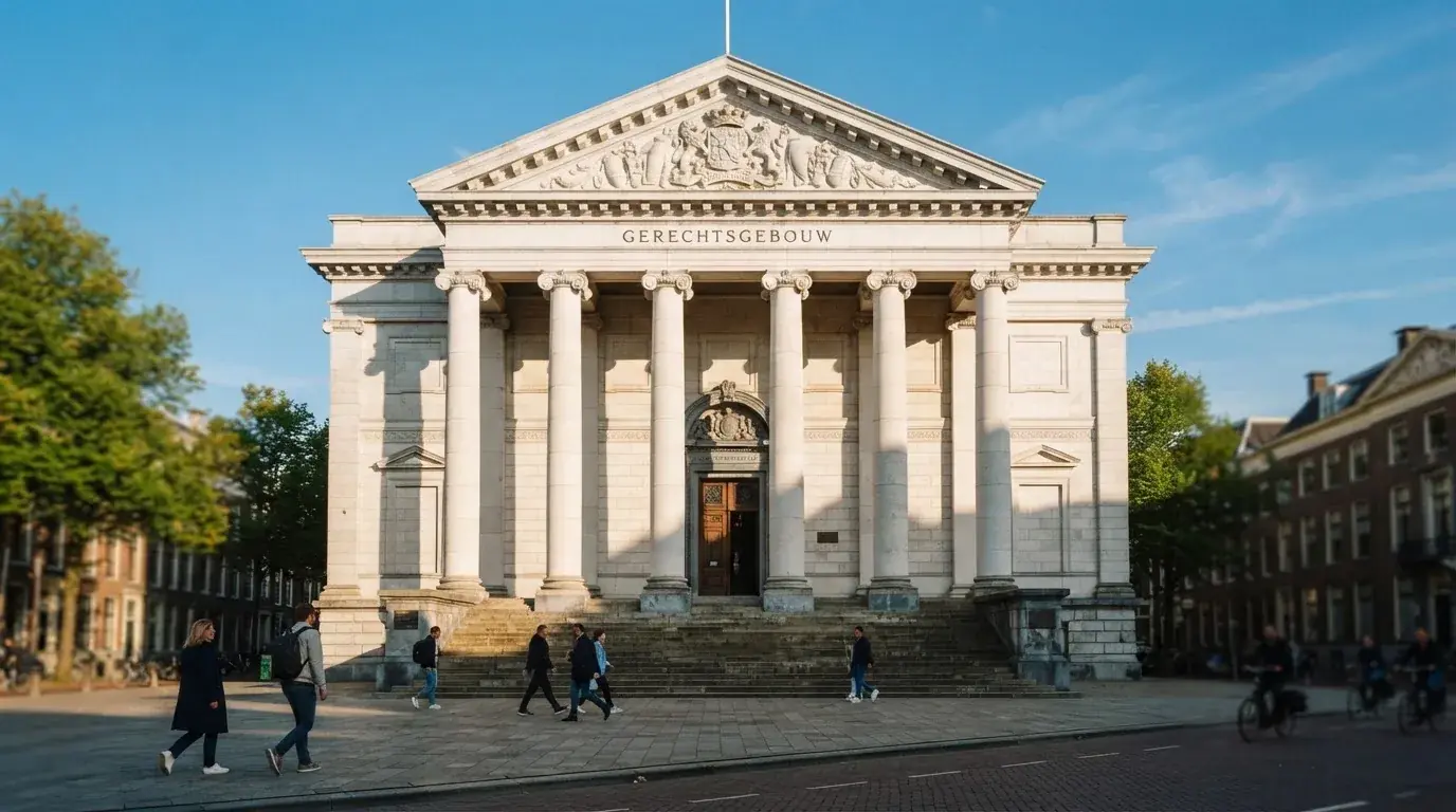 Een klassiek gerechtsgebouw met hoge zuilen staat onder een heldere hemel in een Nederlandse stad.