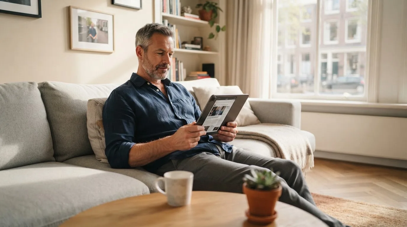 Een man bekijkt ontspannen een tablet op de bank in een lichte woonkamer met een kop koffie op de salontafel.