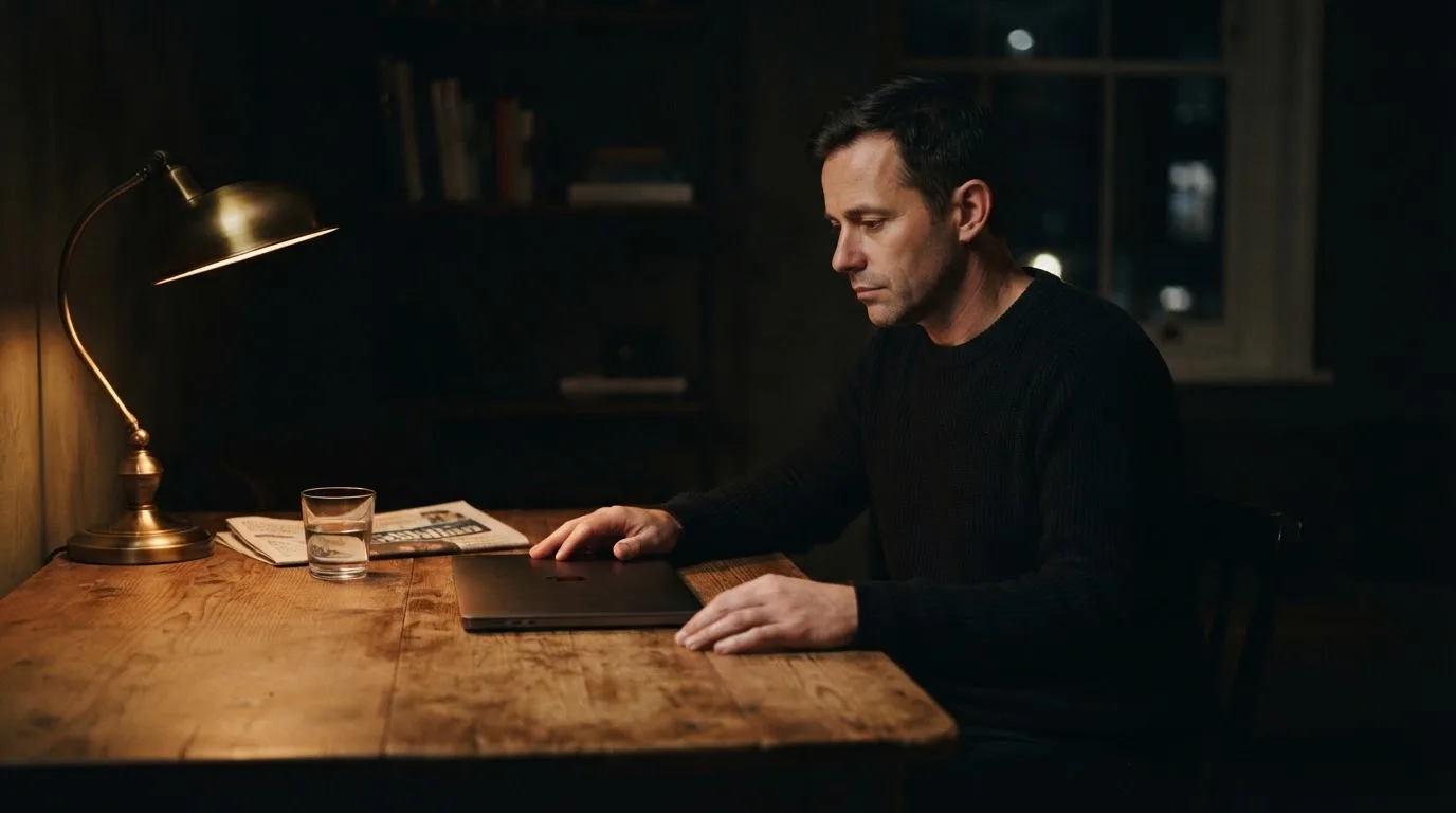 Een persoon zit alleen aan een bureau en kijkt peinzend naar een laptop met het scherm uit, in gedimd licht.