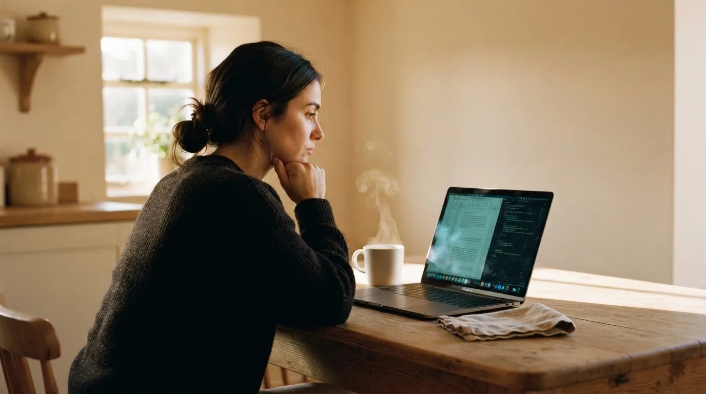 Een persoon zit alleen aan een keukentafel en kijkt peinzend naar een laptop, met een kop koffie ernaast in het vroege ochtendlicht.