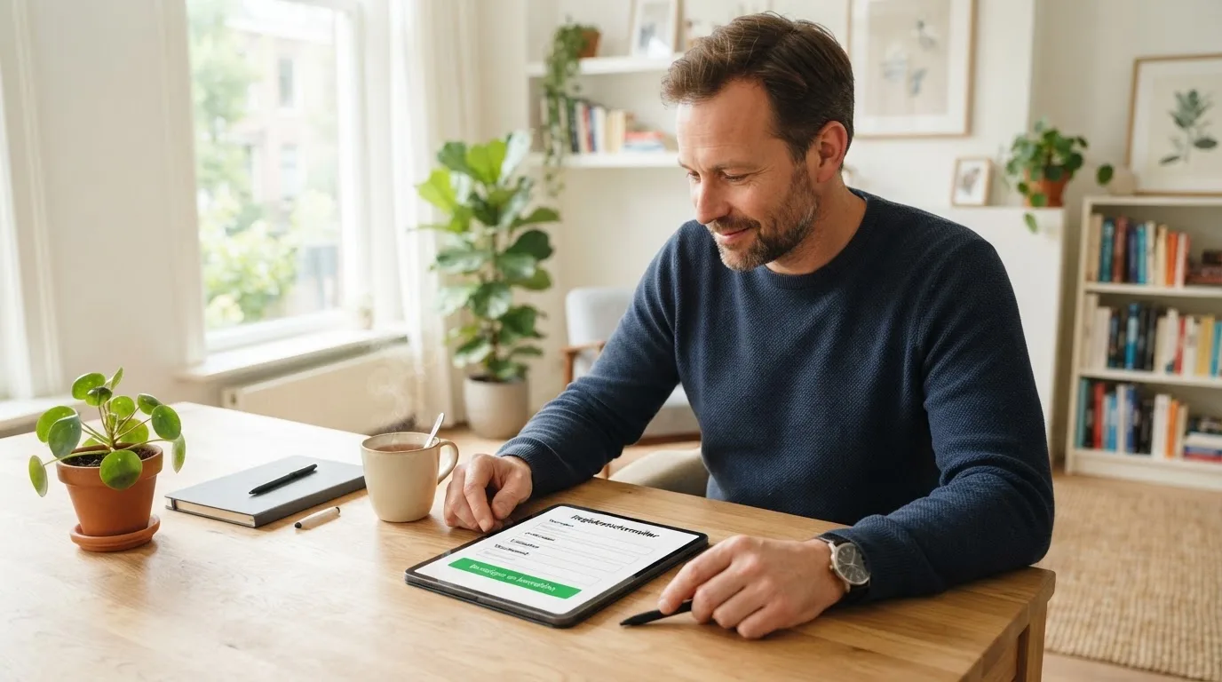 Een man zit aan een bureau in een lichte woonkamer en kijkt naar het scherm van een tablet die naast een kop thee ligt.