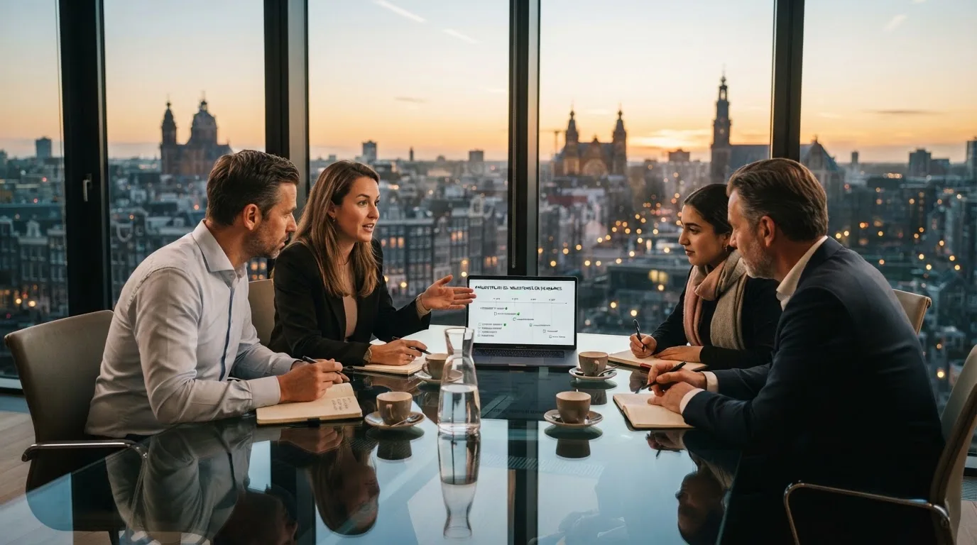 Een klein team overlegt rond een tafel in een glazen vergaderruimte met uitzicht op een stedelijke skyline bij zonsondergang.