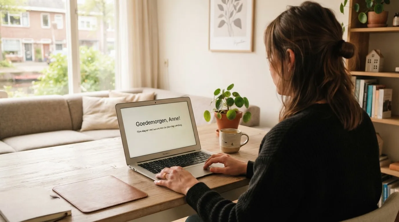 Een vrouw zit aan een houten bureau en bekijkt rustig het scherm van een laptop in een lichte woonkamer.