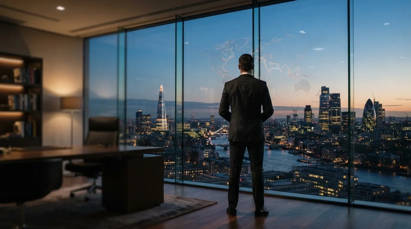Een jurist in kostuum staat voor een grote glazen wand met een wereldkaart in een modern kantoor tijdens de avondschemering.