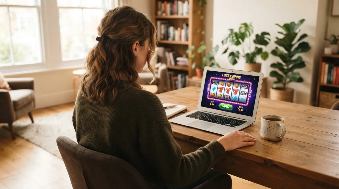Een vrouw zit aan een houten bureau en bekijkt rustig het scherm van een laptop in een lichte woonkamer.