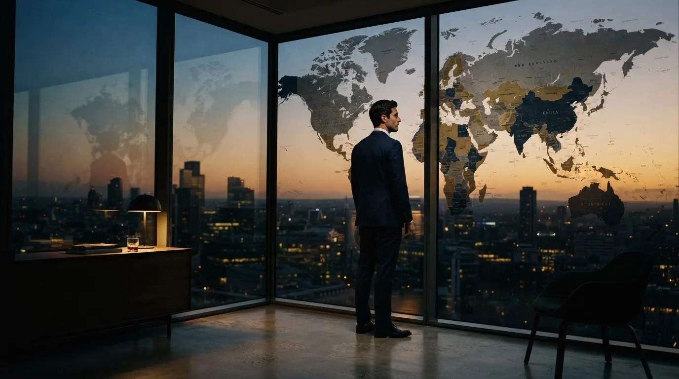 Een jurist in kostuum staat voor een grote glazen wand met een wereldkaart in een modern kantoor tijdens de avondschemering.