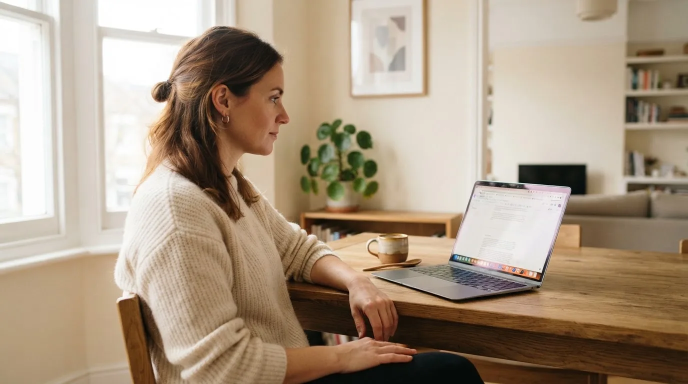 Een vrouw zit aan een houten bureau en bekijkt rustig het scherm van een laptop in een lichte woonkamer.