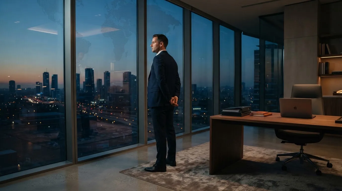 Een jurist in kostuum staat voor een grote glazen wand met een wereldkaart in een modern kantoor tijdens de avondschemering.