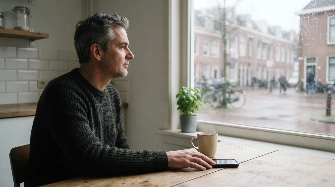 Een man legt zijn telefoon rustig weg en kijkt uit het raam met een kop koffie op tafel.
