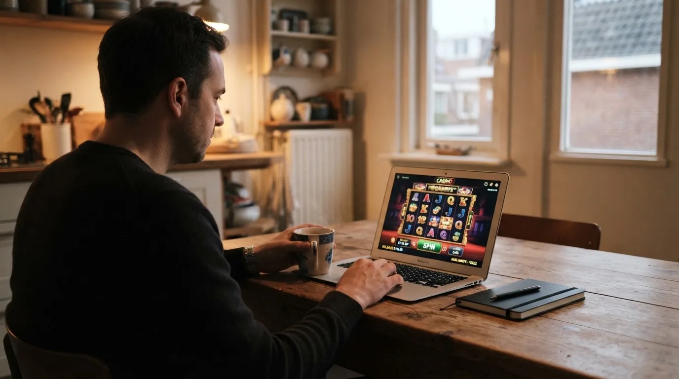 Een man zit thuis aan tafel met een kop koffie en bekijkt rustig zijn laptop.