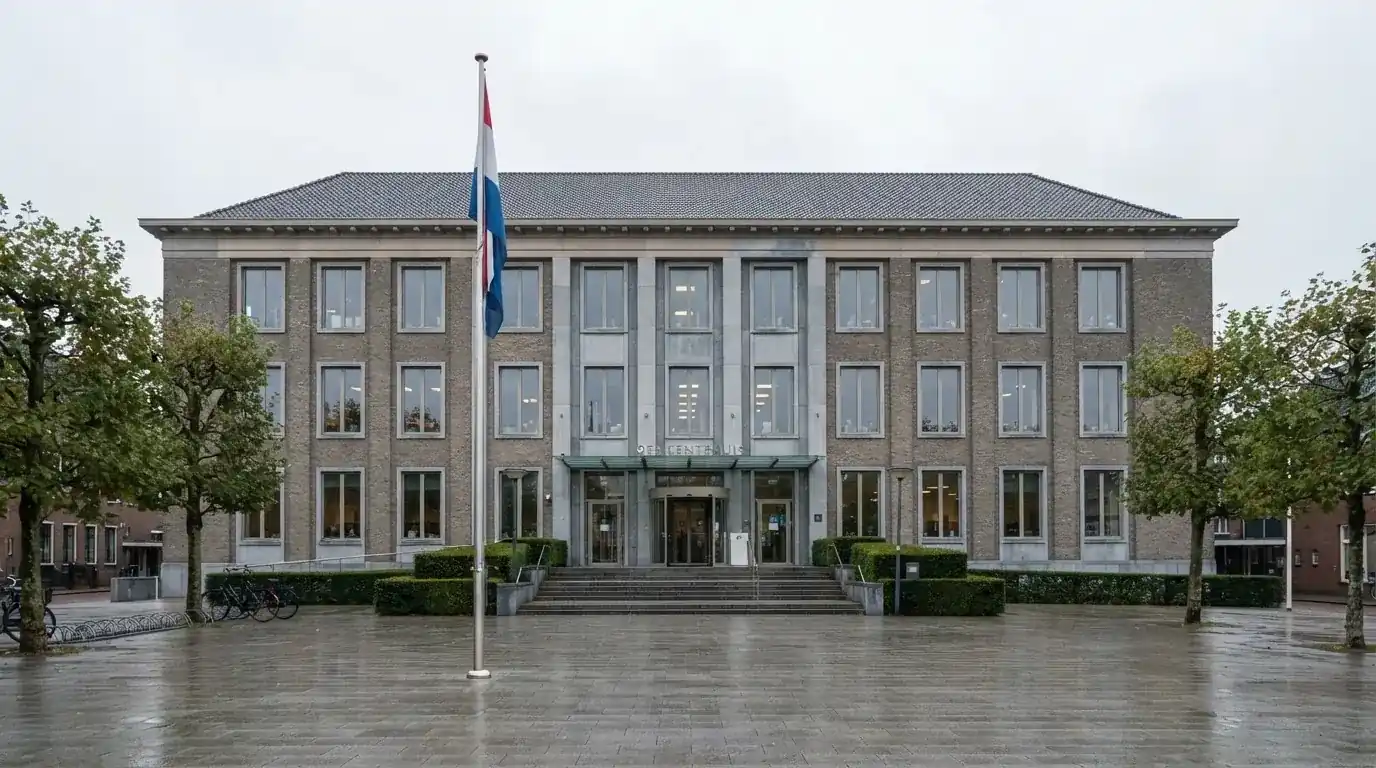Een statig kantoorgebouw met een Nederlandse vlag ervoor onder een bewolkte hemel.