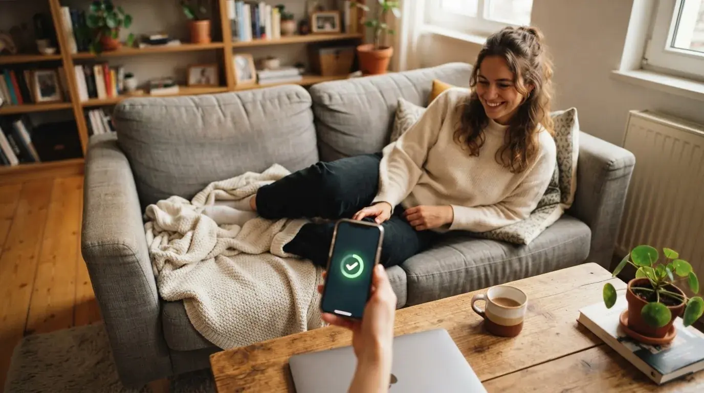 Een jonge vrouw zit ontspannen op de bank met een smartphone in haar hand, terwijl een laptop met onscherp scherm op de salontafel staat.