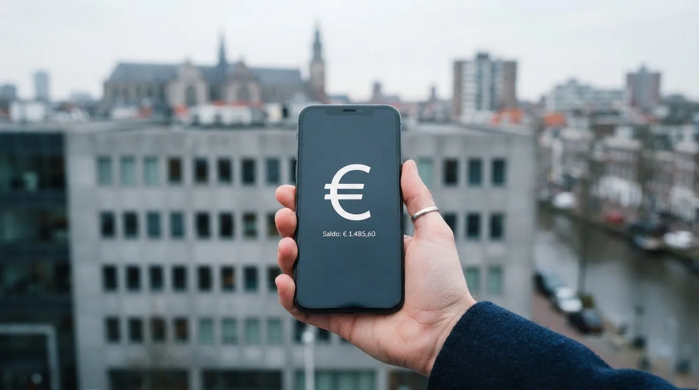 Een close-up van een hand die een smartphone vasthoudt buiten voor een grijs kantoorgebouw, met een wazige skyline van een Nederlandse stad op de achtergrond.