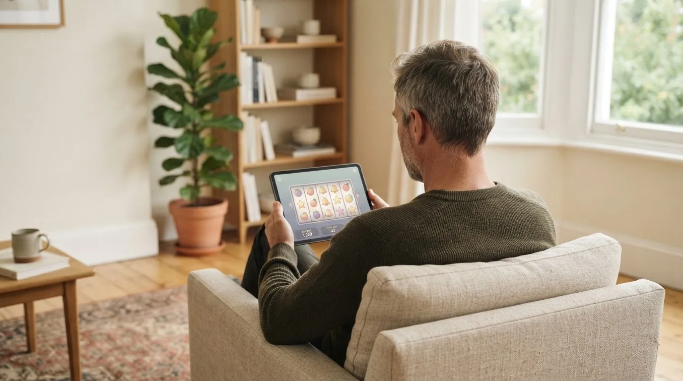 Een man leunt achterover op een stoel met een tablet op schoot, in een lichte woonkamer met planten op de achtergrond.