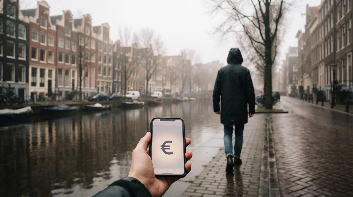 Een persoon loopt met een telefoon in de hand langs een grachtenpand in een Nederlandse stad, met wazige gevels op de achtergrond.