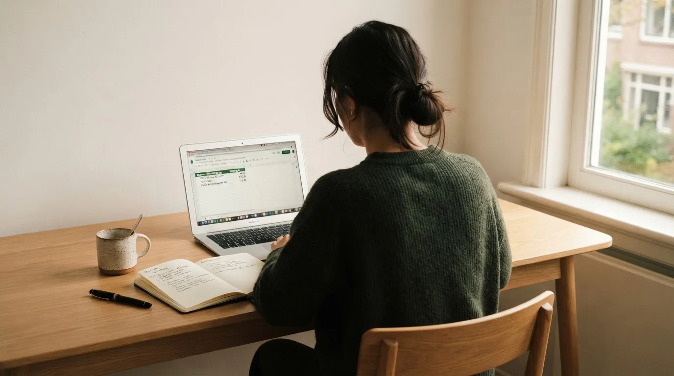 Een persoon zit aan een bureau thuis met een laptop en een notitieblok in daglicht.