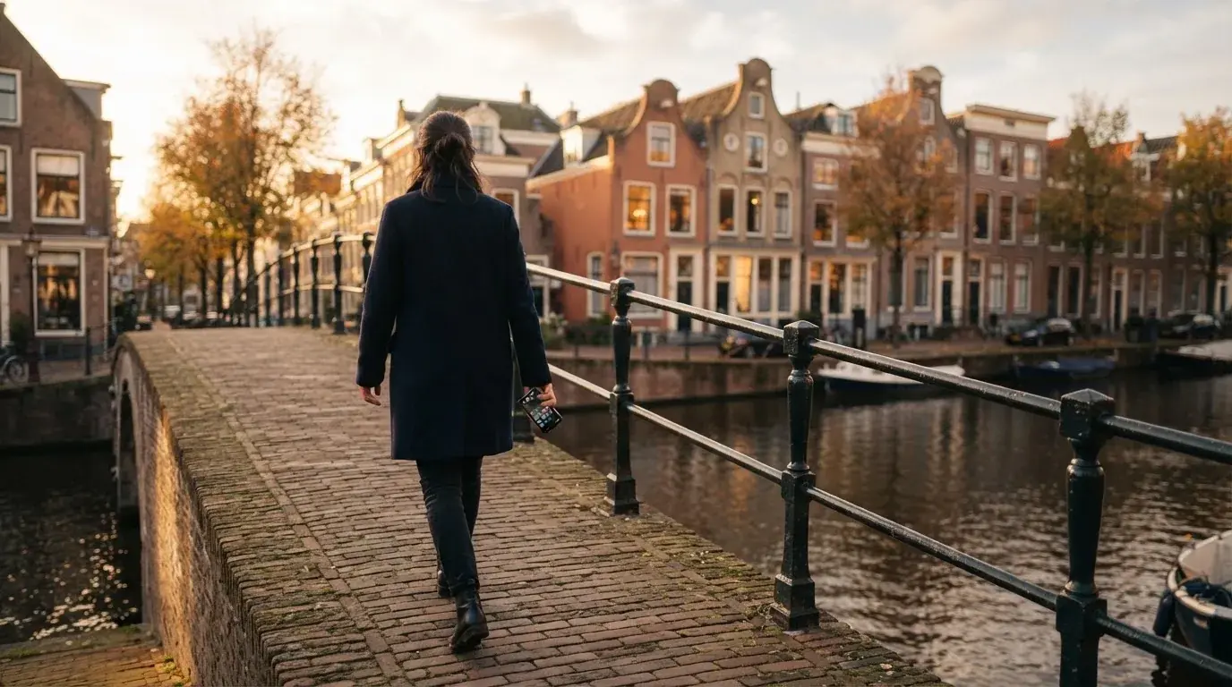 Een volwassene loopt over een brug in een Nederlandse stad met een telefoon in de hand.