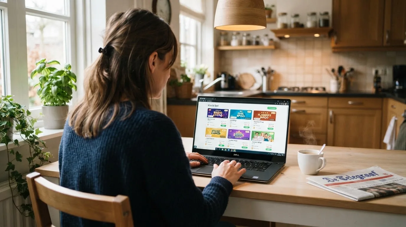 Een vrouw bekijkt rustig op haar laptop de opties voor online spelen aan de keukentafel, met een kopje koffie ernaast.