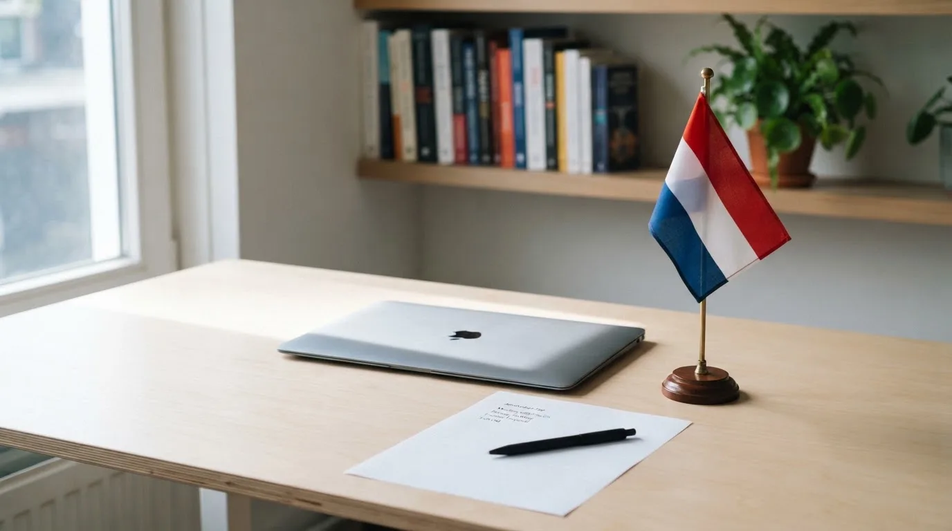 Een bureau met een Nederlandse vlag op een standaard naast een gesloten laptop, symbool voor regelgeving en toezicht op kansspelen.