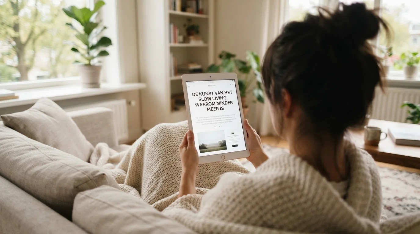 Iemand bekijkt ontspannen een tablet op de bank in een lichte woonkamer, met een plaid over de knieën.
