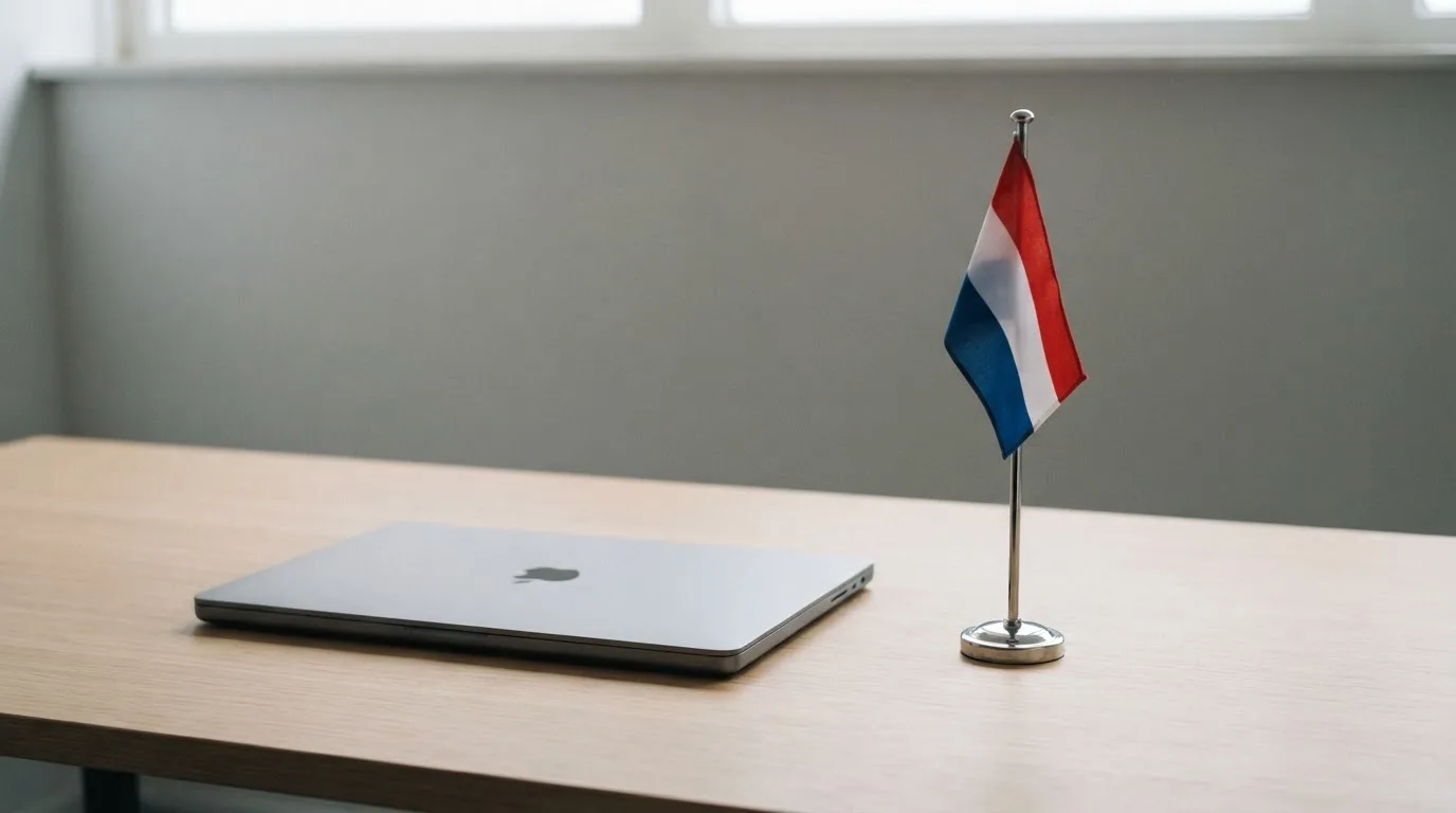 Een kantoorbureau met een Nederlandse vlag op een voetstuk naast een dichte laptop.