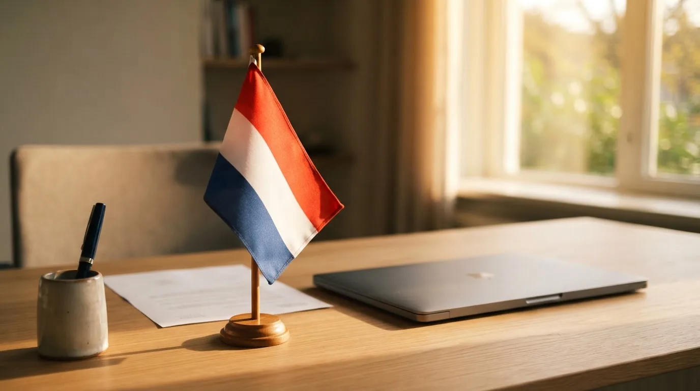 Een kantoorbureau met een Nederlandse vlag op een voetstuk naast een gesloten laptop.